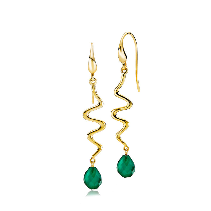 SANIYA - Earring shiny gold pl. recycled silver - green onyx