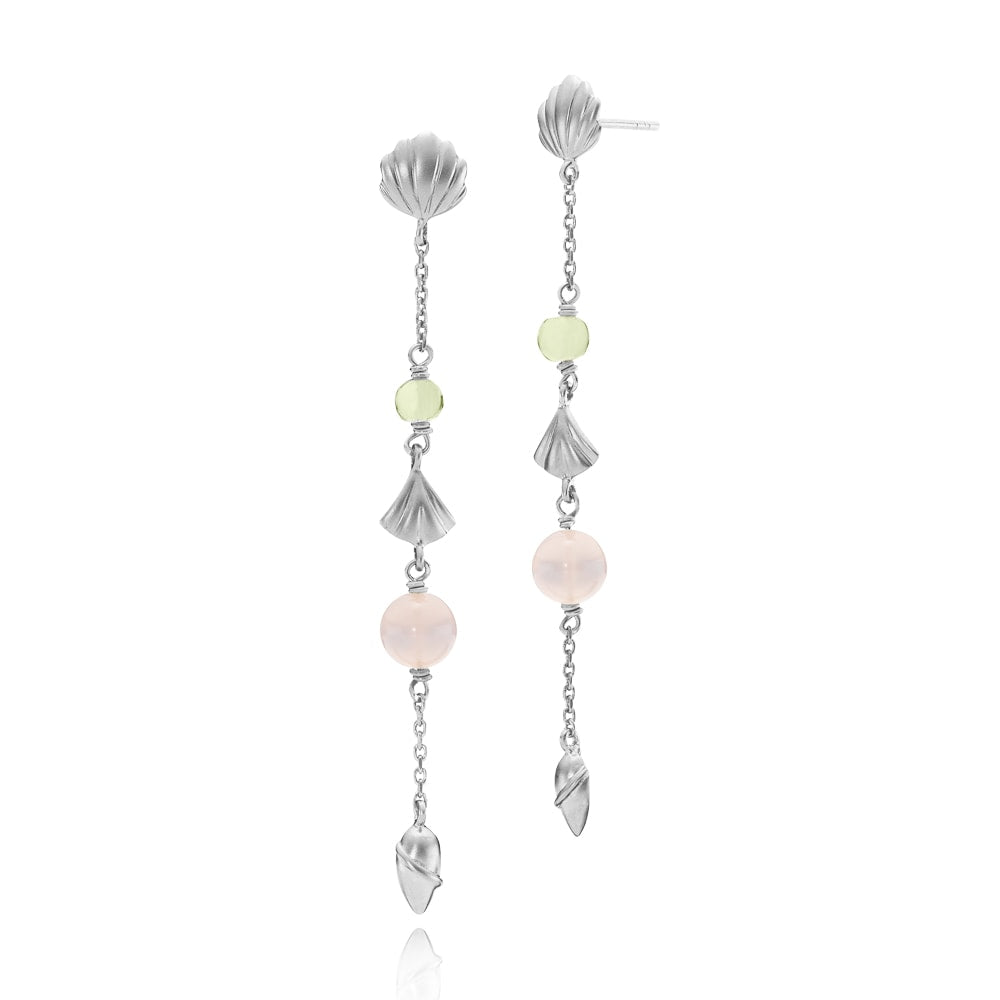 Isabella - Lange øreringe, mat sølv med pink calcedon og grøn peridot